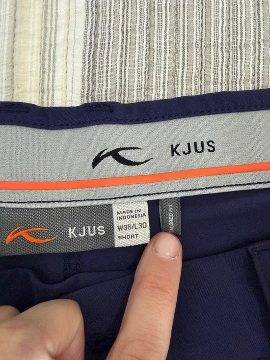 KJUS Men's Navy Performance Golf Pants with Orange Trim - Picture 2 of 4